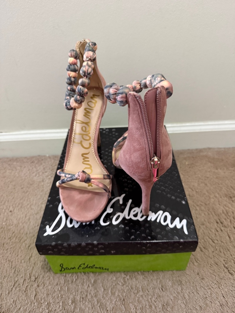 Sam Edelman Blush Pink Suede Beaded Ankle-Strap Heels